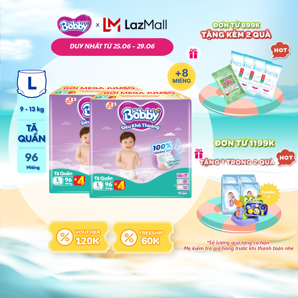[CHỈ 25-29/6 QT Đơn 899K/1199K][TẶNG MIẾNG NGẪU NHIÊN] Combo 2 Tã/bỉm quần Bobby 3mm Mega Jumbo Gạo non Giảm nhiệt L96