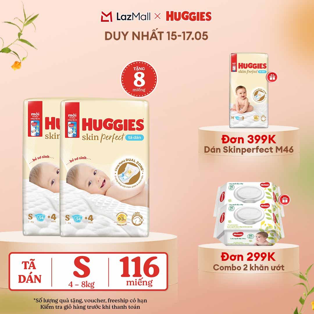 [CHỈ 15-17.05 QUÀ TẶNG ĐƠN 0Đ]  Combo 2 Tã/bỉm dán sơ sinh Huggies Skin Perfect S 54 miếng với 2 vùng thấm giảm kích ứng da (số miếng tặng kèm thay đổi theo từng đợt nhập hàng)