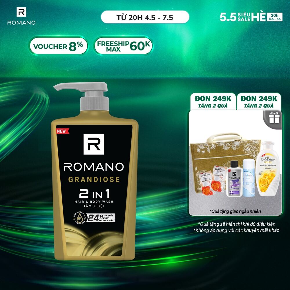 ROMANO TẮM  GỘI 2 TRONG 1 HƯƠNG NƯỚC HOA GRANDIOSE 650G