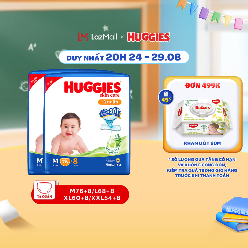 Combo 2 gói tã/bỉm quần huggies skincare gói m76+8/l68/xl60/xxl54