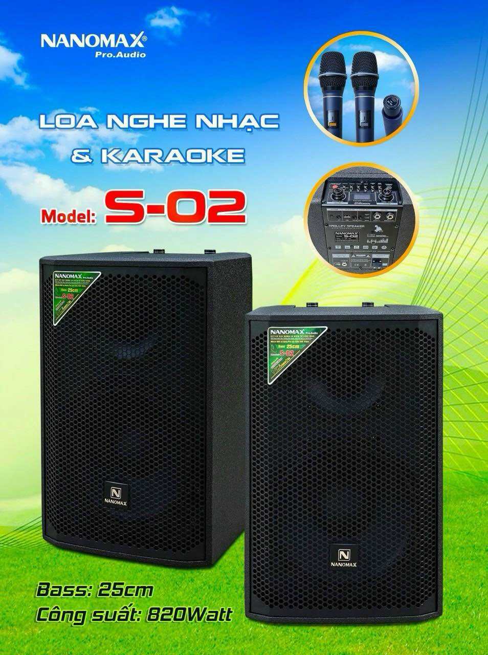 Loa karaoke di động Nanomax S-02 New 2024 (Loa 2 đường tiếng, bass 25cm, treble còi, công suất 820W,