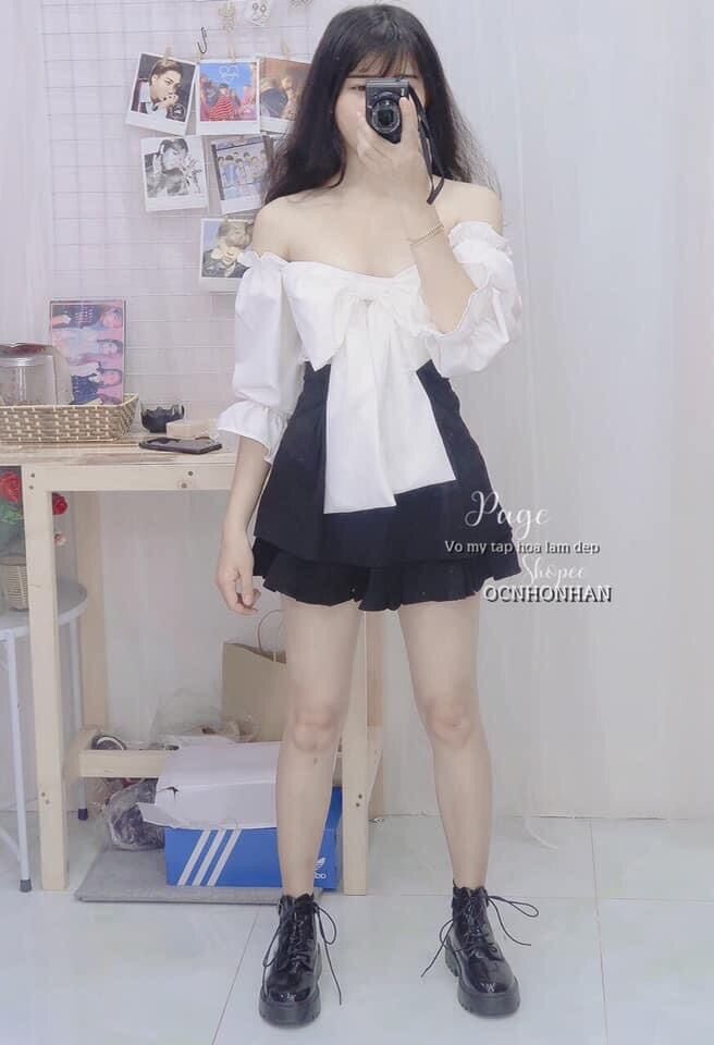 Set áo bẹt vai nơ chân váy tầng