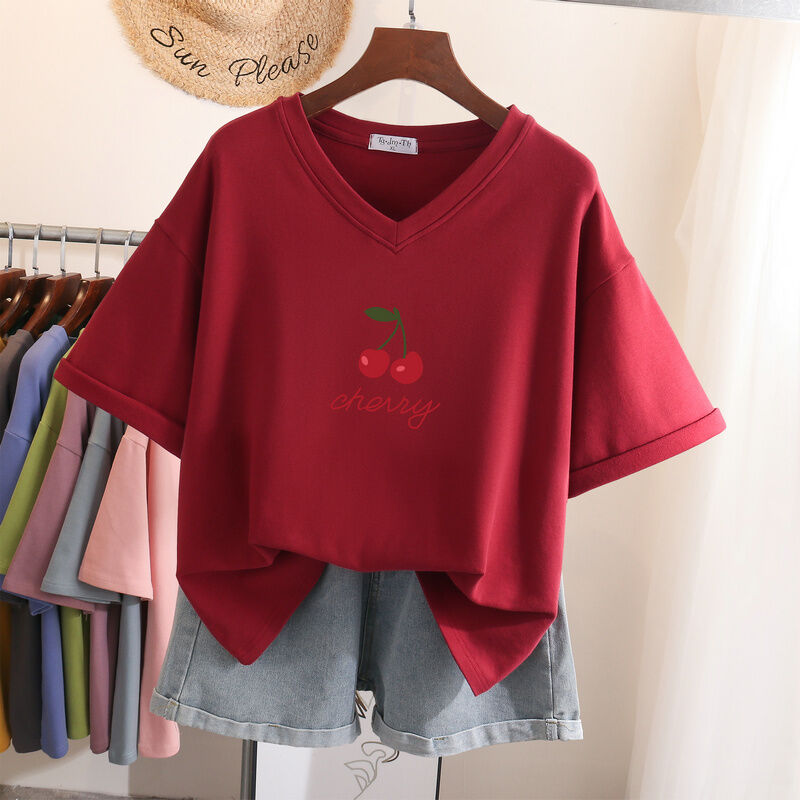 Áo Phông 2023 Cotton Cho Cô Nàng Mập Cỡ Lớn Ít Người Biết Cảm Giác Thiết Kế Trang Phục Mùa Hè Ngắn Tay Cho Nữ Áo Cổ V Che Bụng Rộng Rãi Mẫu Mới Sành Điệu