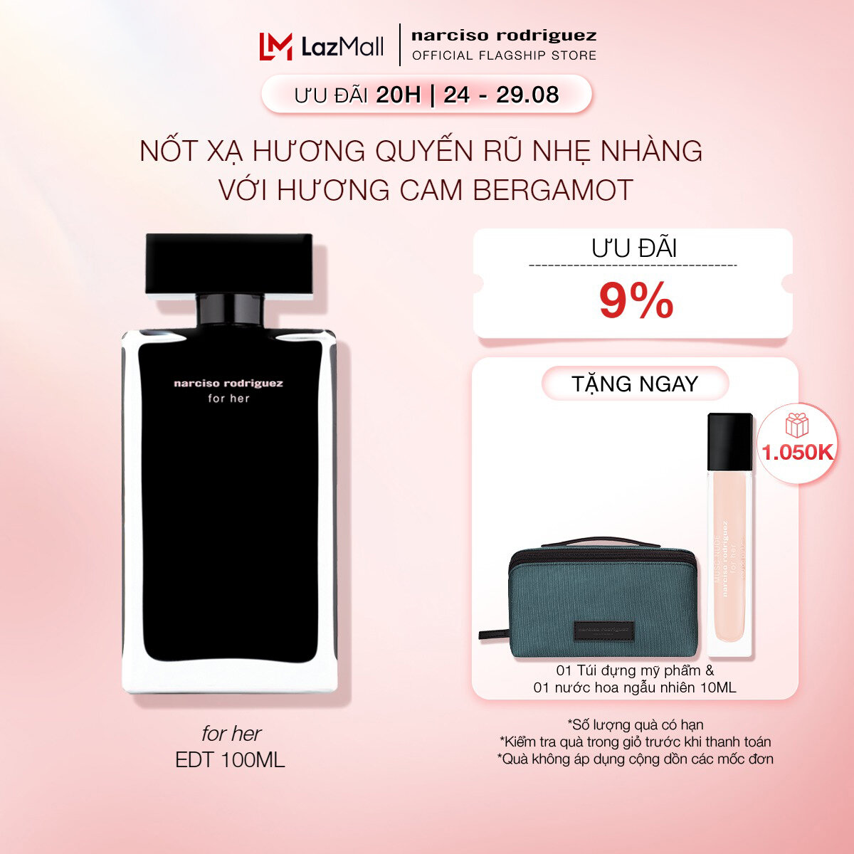 [20H | 24 - 29.08 | ƯU ĐÃI ĐẾN 19% + QUÀ TẶNG 1.050K] Nước Hoa nữ Narciso Rodriguez For Her Eau De Toilette 100ml
