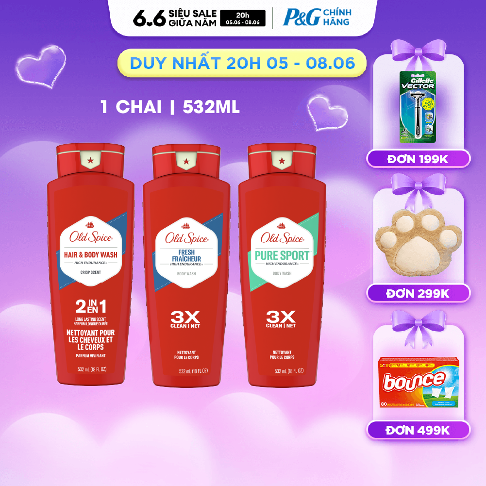 Sữa Tắm OLD SPICE Nhập Khẩu Mỹ Hương Pure Sport/ Tươi mát/ 2IN1 High Endurance Chai 532ML