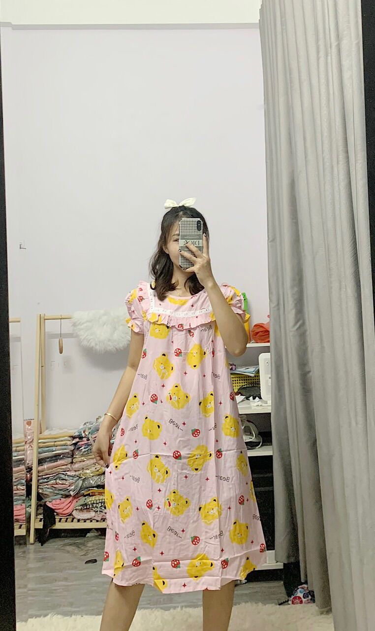 Đầm bầu lanh mặc nhà có tay siêu mát