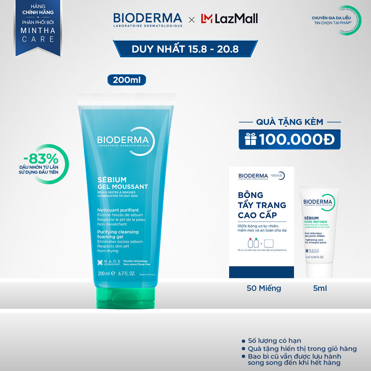Gel rửa mặt tạo bọt cho da hỗn hợp và da dầu Bioderma Sebium Gel Moussant - 200ml (dạng tuýp)