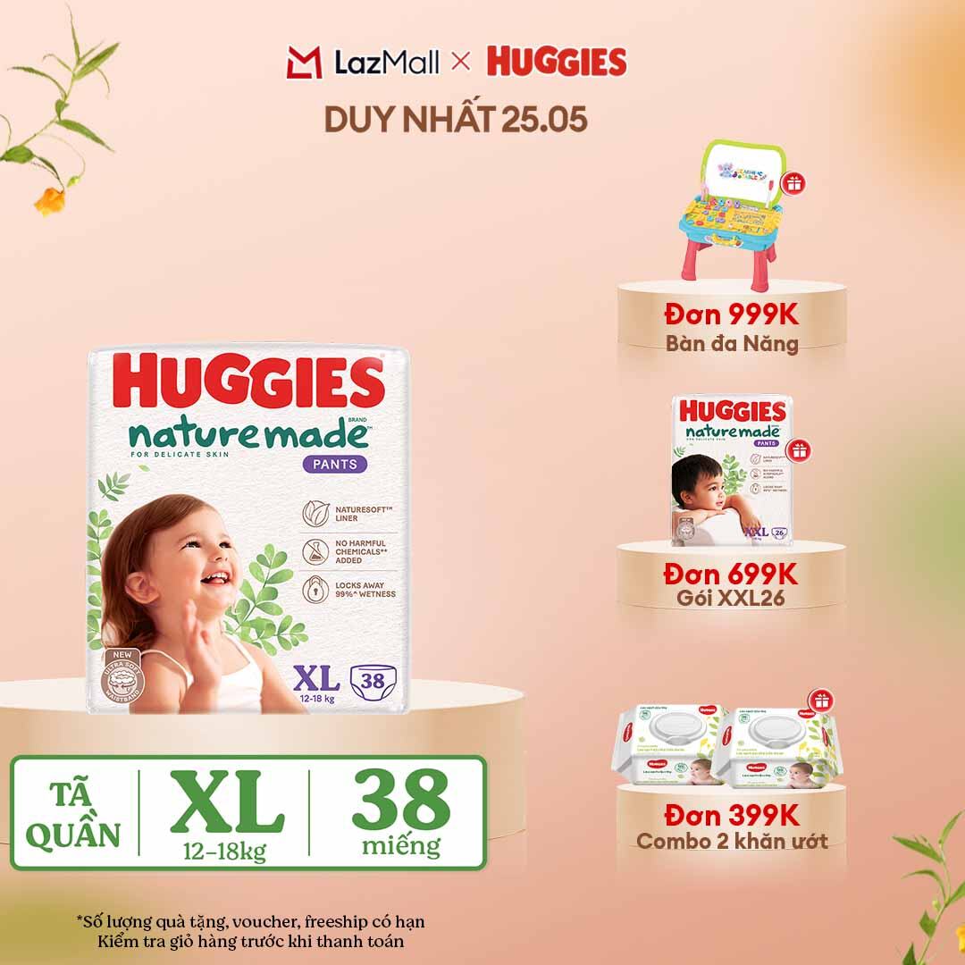 [CHỈ 25-29.05 QUÀ TẶNG ĐƠN 399K](Mua 1 tặng 1) Tã/Bỉm quần HUGGIES PLATINUM NatureMade XL38 (12-18kg)-Gói Jumbo 38 miếng