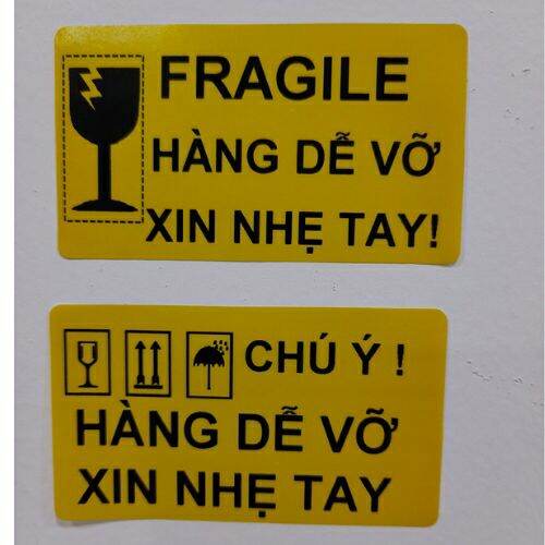 100 Tem dán - Tem dán cảnh báo Hàng dễ vỡ, Tem note Hàng dễ vỡ, Tem dán màu vàng Hàng dễ vỡ khổ 7x4cm