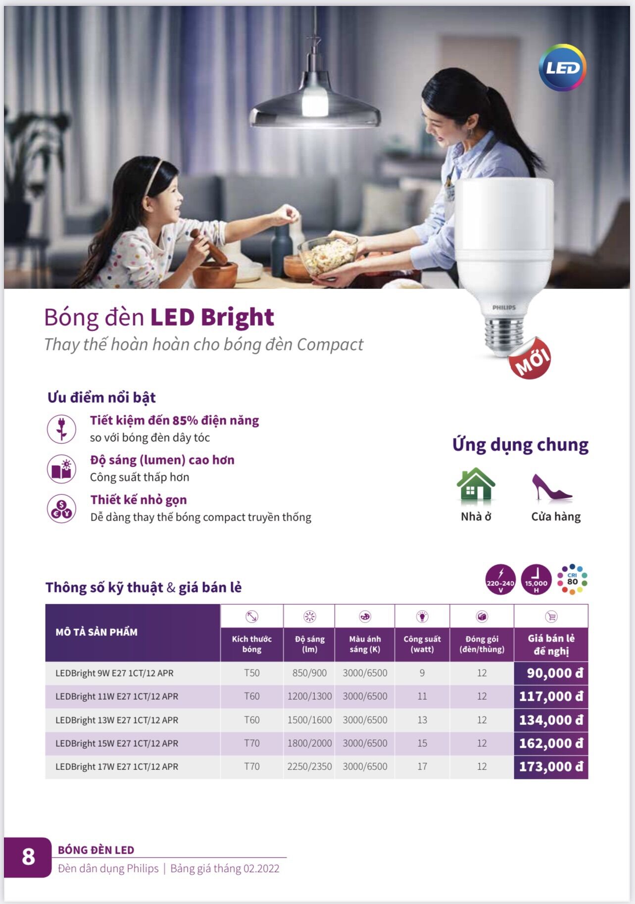 Led Bulb Bright 11W E27 Philis. Bóng Đèn Trụ 11W Philips.