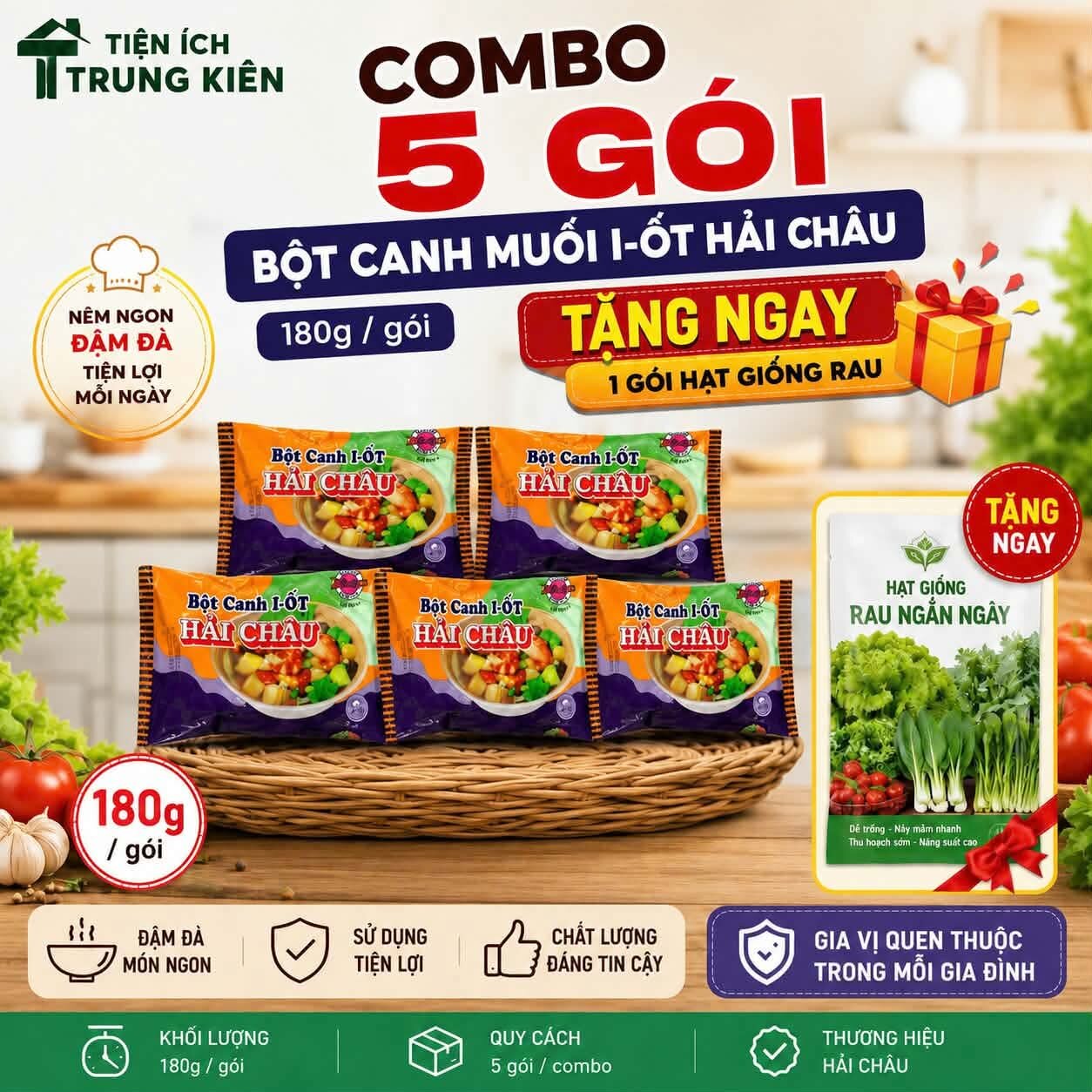 Combo 5 gói bột canh muối I-ốt hải chấu 180g/gói tặng ngay 1 gói hạt giống rau ngót.