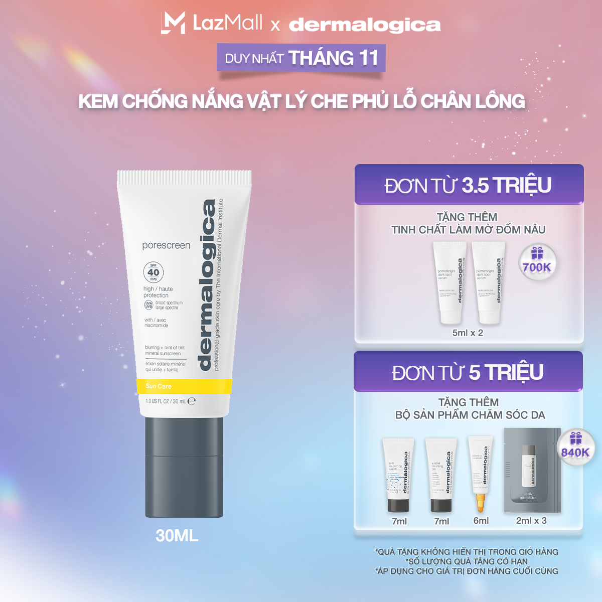 Chống nắng vật lý che phủ lỗ chân lông Porescreen Mineral Sunscreen Spf40 30ml