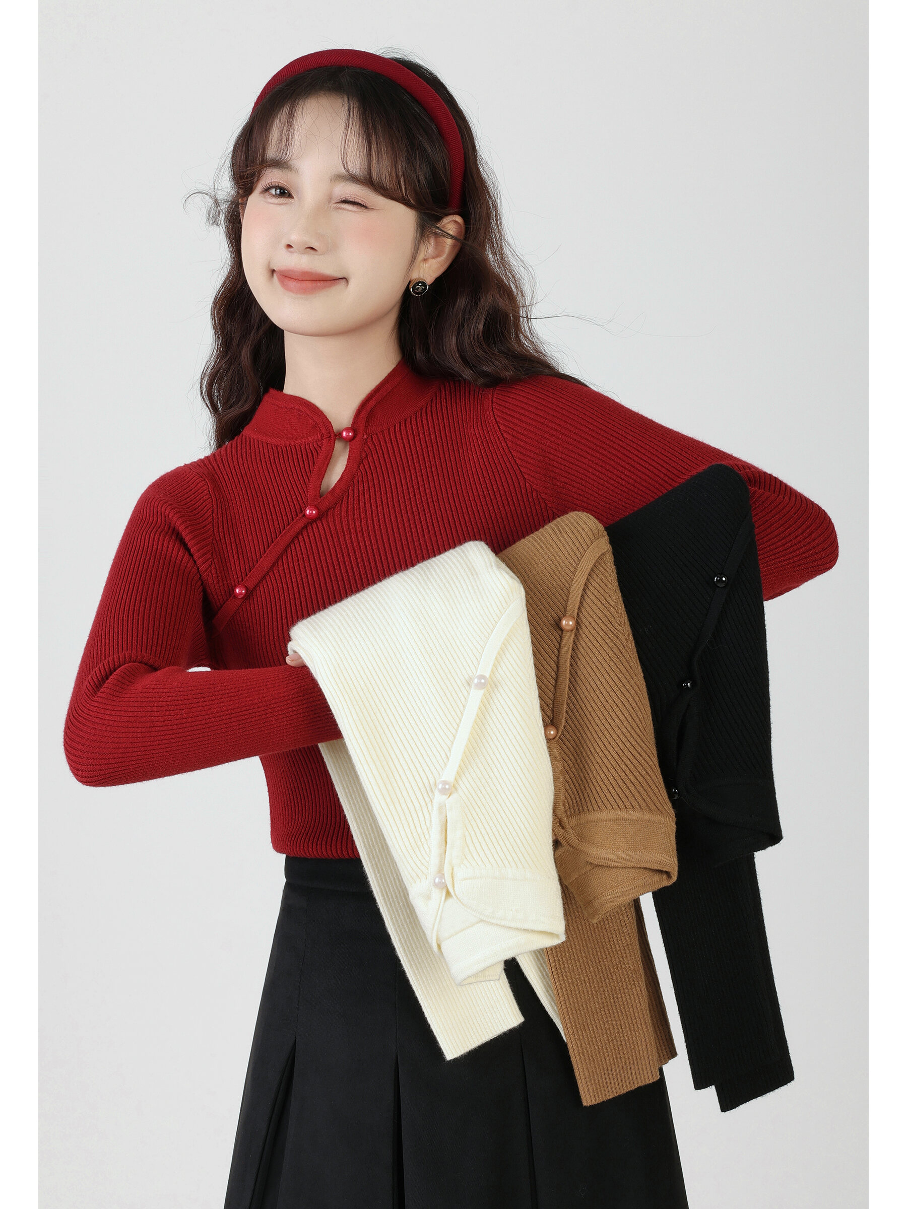 Áo Len Dệt Kim Màu Đỏ Thiết Kế Mới Cho Nữ Áo Lót Cổ Tròn Dài Tay Dáng Ôm Vừa Vặn Thời Trang Công Sở Mùa Thu Đông Áo Sơ Mi