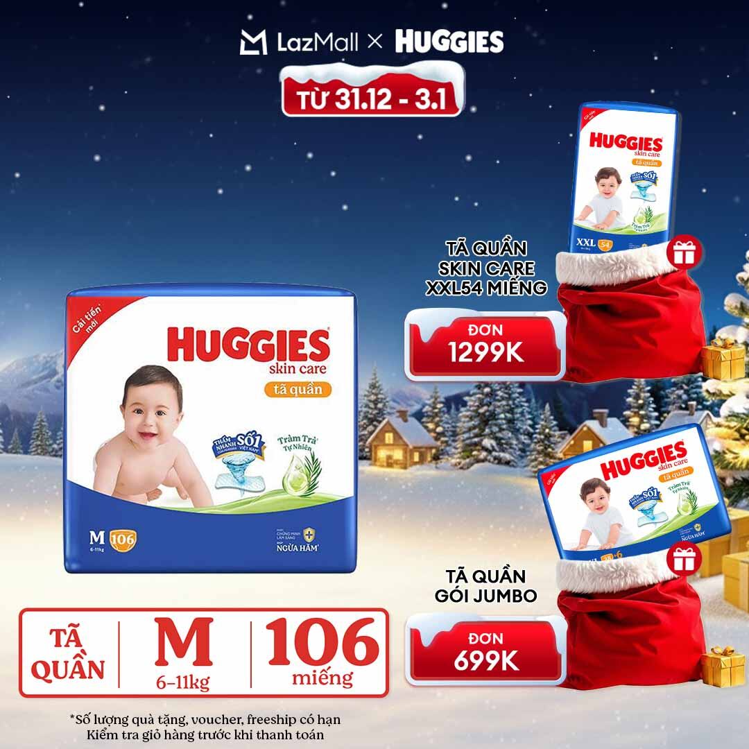   CHỈ 20h 31.12-03.01 GIẢM THÊM 90K   Gói Tã bỉm quần HUGGIES SKINCARE MEGA JUMBO size M 102+4 miếng 