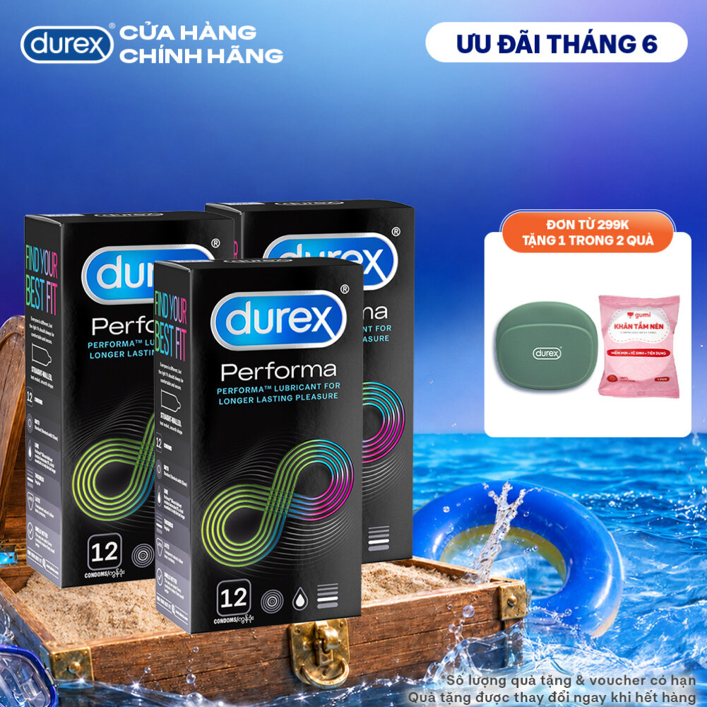 Bộ 3 hộp bao cao su Durex Performa kéo dài thời gian, size 52mm, 12 bao/hộp