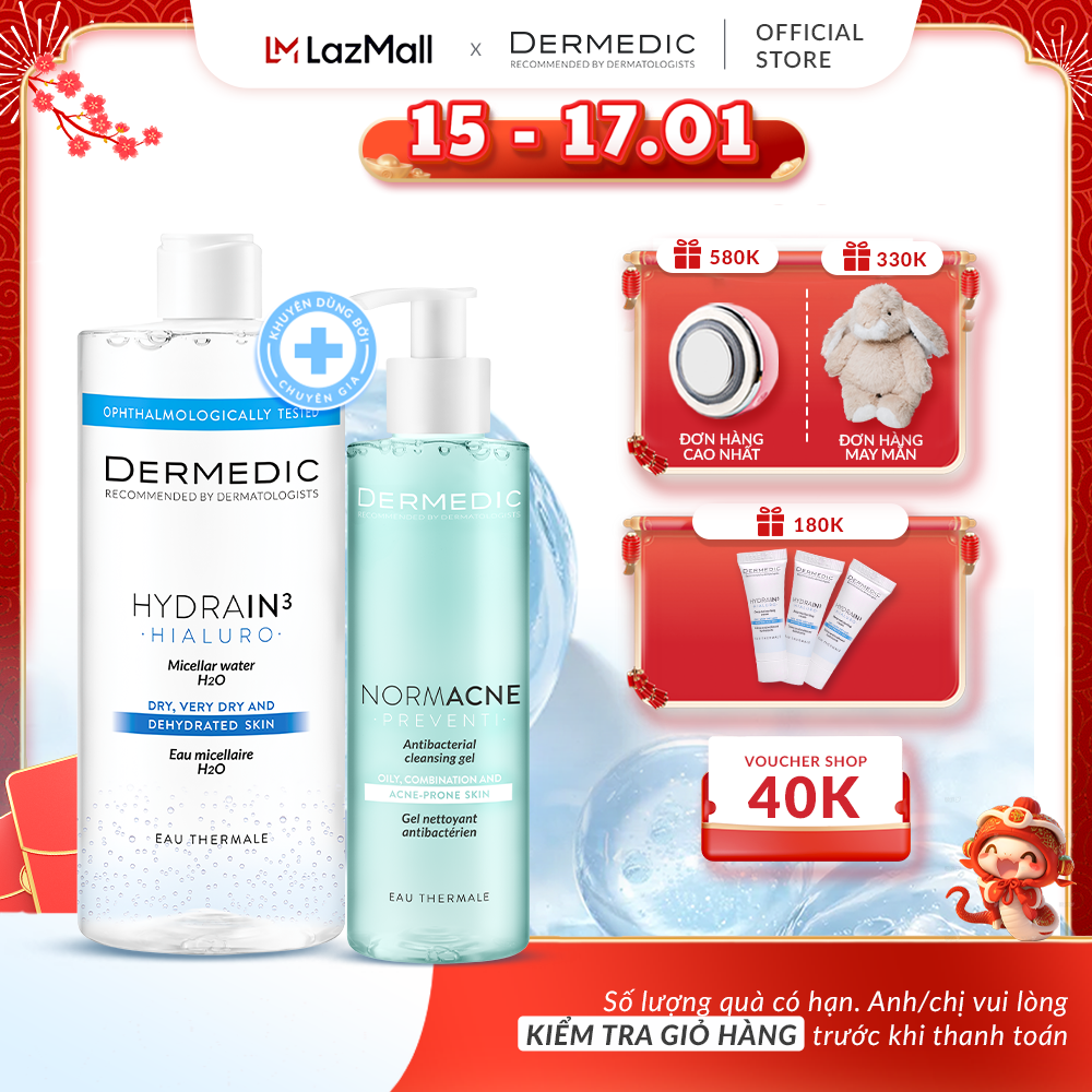 [Giftset] Bộ quà tặng Combo Nước tẩy trang Hydrain3 500ml và Gel rửa mặt Normacne Dermedic 200ml - D