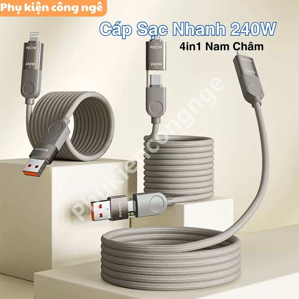  Cáp sạc nhanh 4in1 từ tính nam châm 240W kèm 4 đầu sạc sạc được mọi dòng máy iphone Samsung androi cổng typec lighning usb 