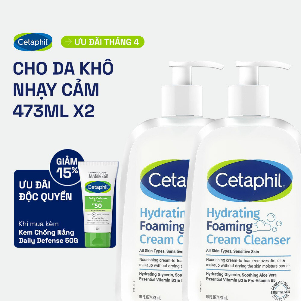 Combo 2 Sữa rửa mặt tạo bọt dịu lành cho da khô nhạy cảm Cetaphil Hydrating Foaming Cream Cleanser 473ml