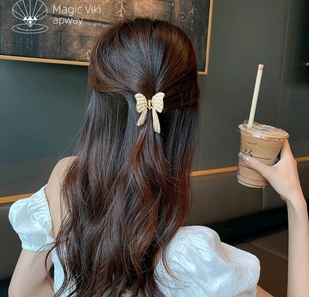 Kẹp Tóc Nơ Đính Đá Và Ngọc Trai Phong Cách Vintage