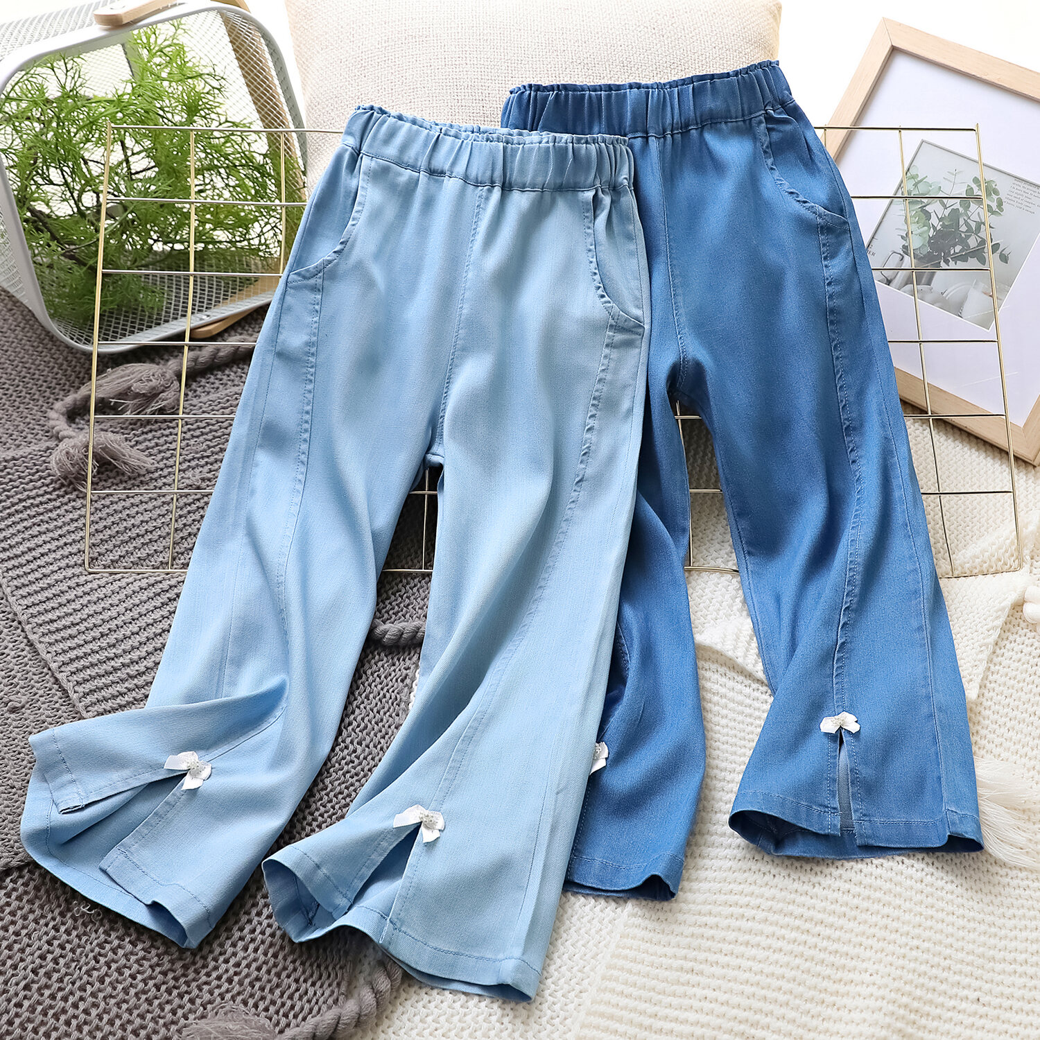 Mùa Hè Thoải Mái Cool Girls' Denim Đáy Chuông Quần Bên Nút Bướm Xẻ Tà Tencel Rộng Rãi Fit Cạp Chun Dài Quần Tây