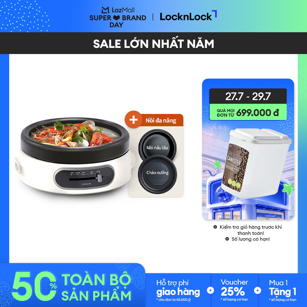 [SBD 27.7_Giảm đến 70% + Voucher đến 25%] EJP544WHT - Nồi lẩu điện đa năng LockLock 2 trong 1(Nướng/Lẩu) - Chảo 26cm  Nồi 4L, Tháo rời, chống dính, nóng đều - Hàng chính hãng