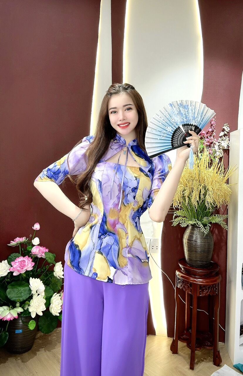 ( Miễn phí ship) Set bà ba màu loang cổ thắt nơ xinh lụa mango hồng ngọc