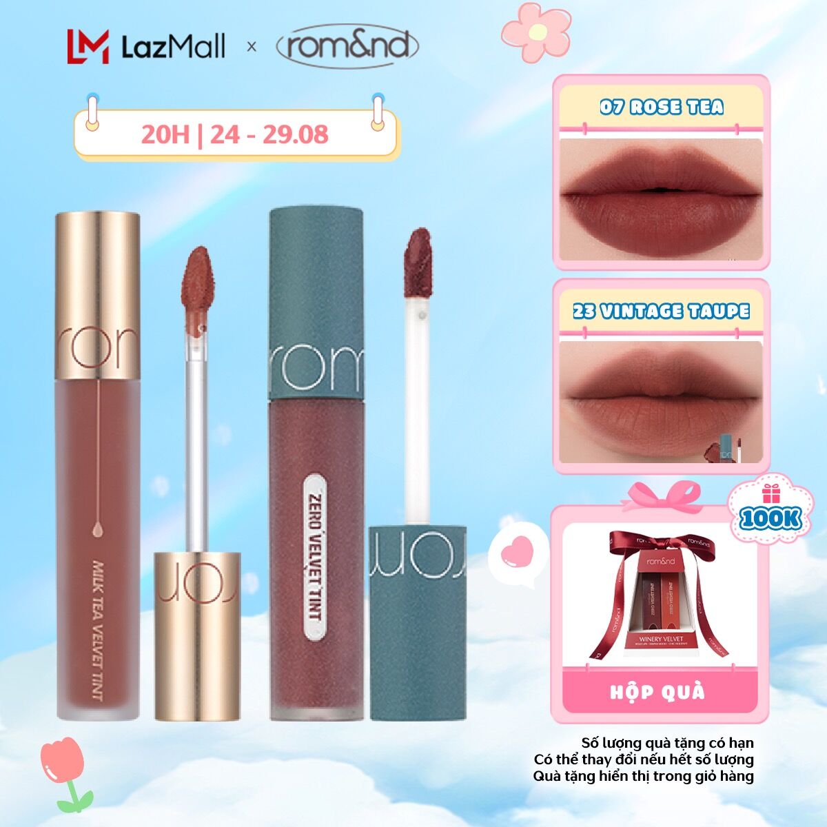 Combo son kem lì romand milk tea velvet tint 4.4g + son kem lì hàn quốc romand new zero velvet tint 5.5g