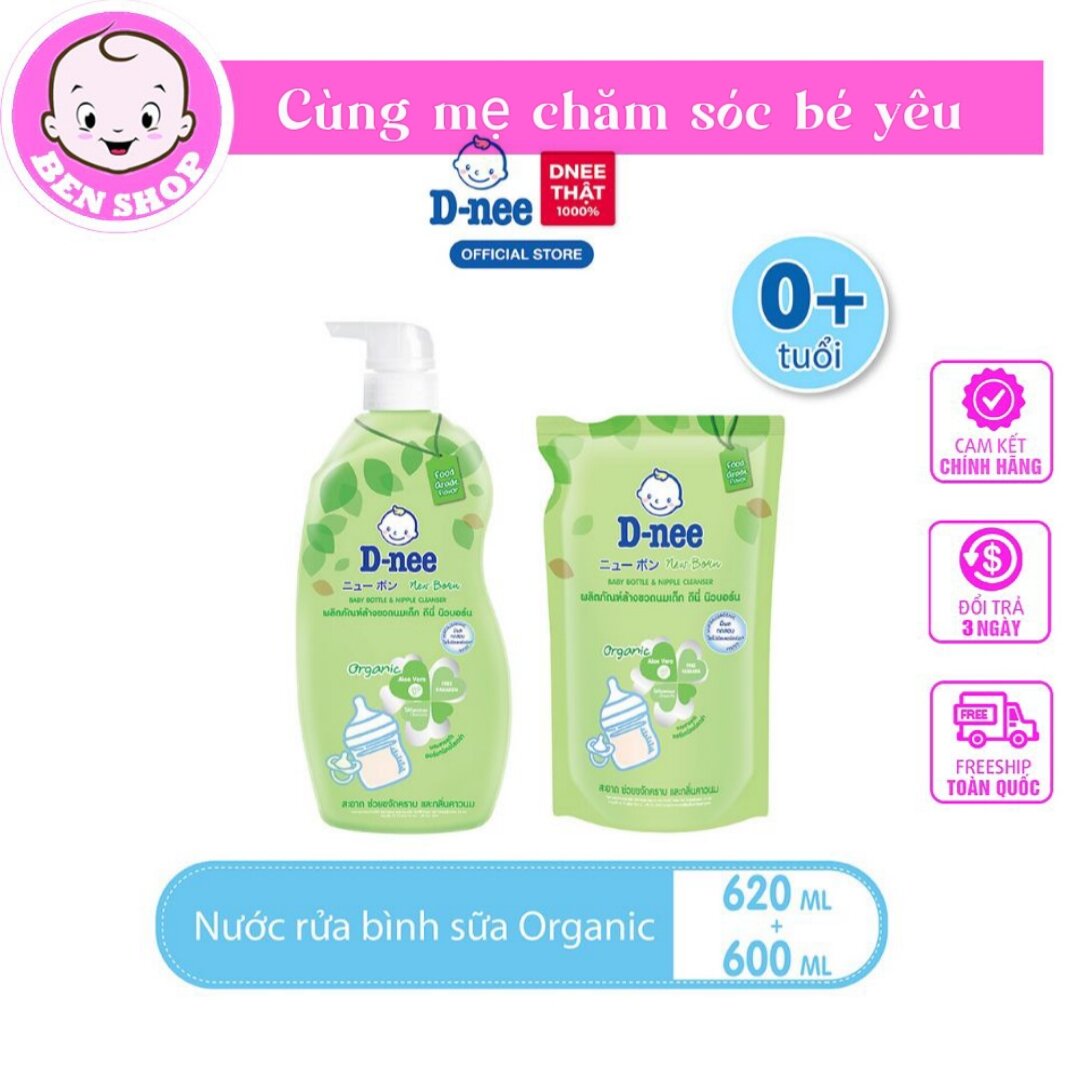 CHÍNH HÃNG TEM ĐẠI THỊNH Nước Rửa Bình Sữa D-nee Organic Chai 620ml mẫu mới