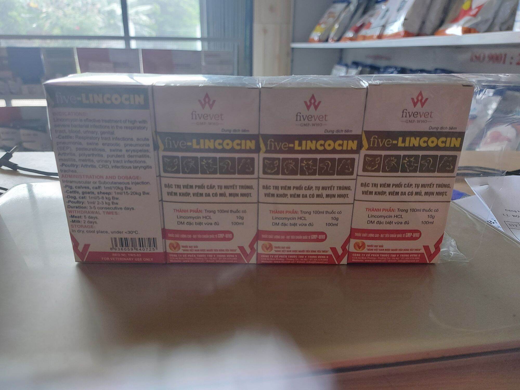 five - Lincocin:  Đặc trị viêm phổi cấp, tụ huyết trùng, viêm khớp, viêm da có mủ, mụn nhọt, trên gia súc, gia cầm.