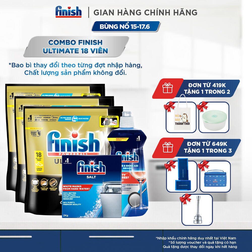 Combo 3 Túi rửa chén Finish Ultimate 18 viên + Nước làm bóng 500ml + Muối rửa chén 2kg