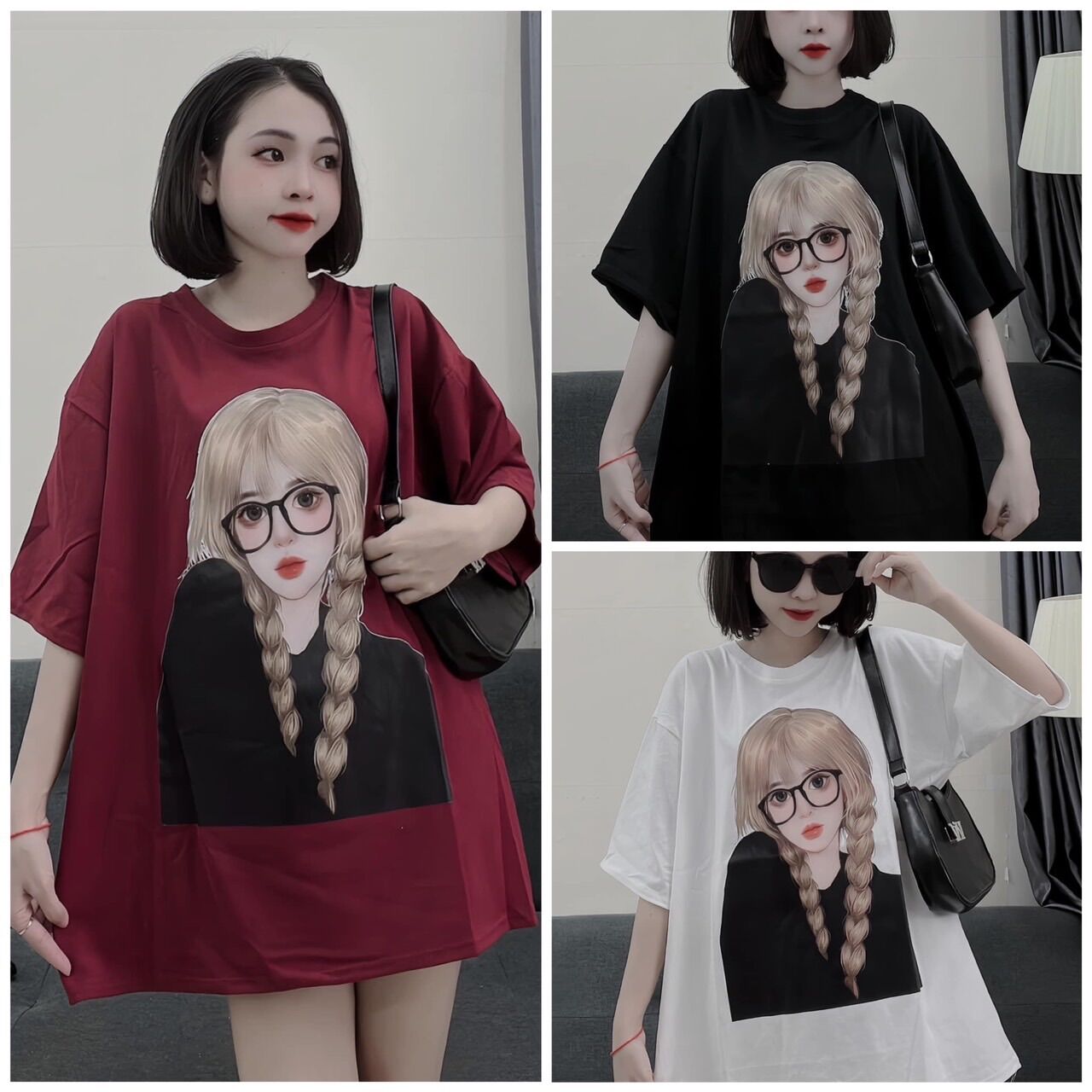 Áo thun cotton khô 3158 form rộng tay lỡ - cô gái đeo kính