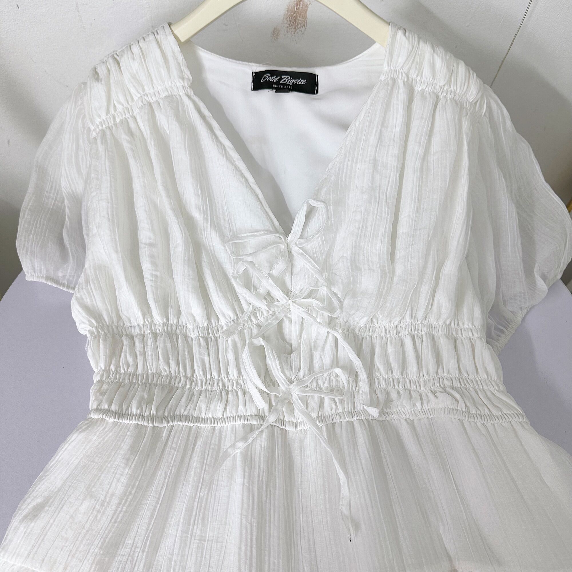 OOTD BIGSIZE | Đầm tơ cổ V đính nơ chun eo