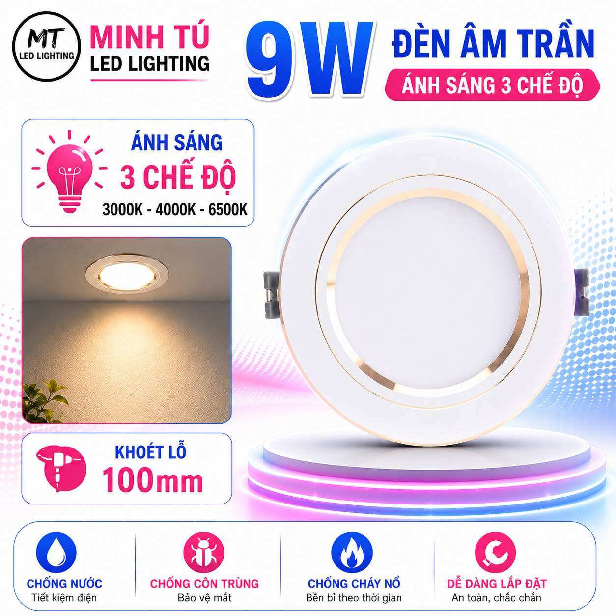 Đèn LED Âm Trần 9W 3 Chế Độ Đổi Màu Viền Bạc/Viền Vàng - Khoét Lỗ 100mm - Đèn Downlight Siêu Sáng Tiết Kiệm Điện