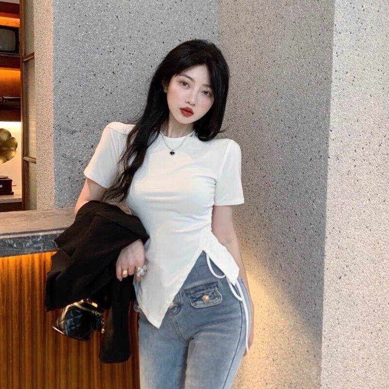 Áo vạt chéo rút dây bên tay ngắn chanh xả ls