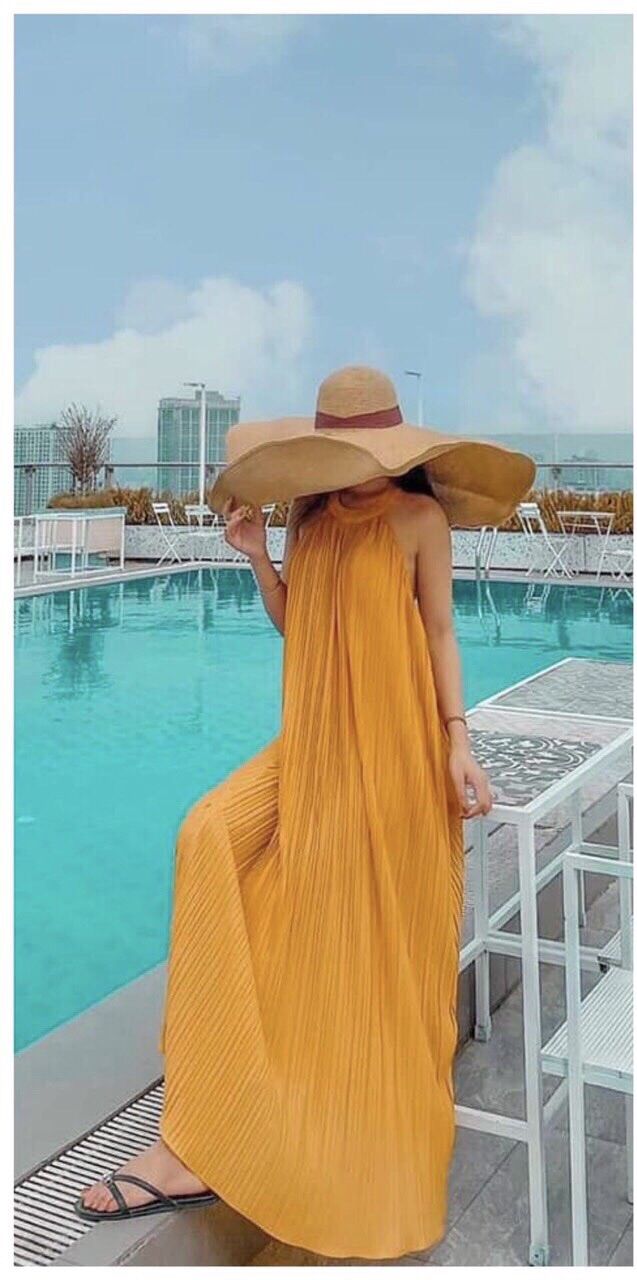 [HCM]Đầm maxi dập ly cổ yếm siêu đẹp hình thật đủ màu