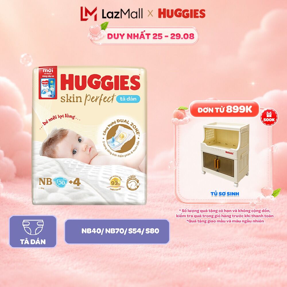 Tã/Bỉm Dán Sơ Sinh Huggies Skin Perfect NB/S/M với 2 Vùng Thấm Giảm Kích Ứng Da