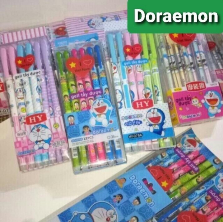 Combo 2 hộp (24 cây) bút gel tẩy được mực xanh/tím/đen mẫu Doraemon