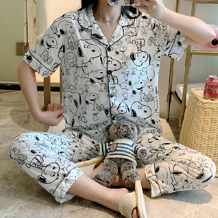 Nơi bán 2021 Xuân Thu Mẫu Mới Tiếng Nhật Snoopy 100% Coton Học Sinh Áo Ngủ Ngắn Tay Nữ Áo Khoác Ins Bộ Hai Chiếc Có Thể Mặc Bên Ngoài