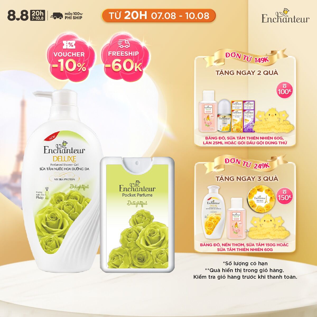 Combo quà tặng Enchanteur cao cấp (Sữa tắm Delightful 650gr, Nước hoa bỏ túi Enchanteur Delightful 18ml/hộp)