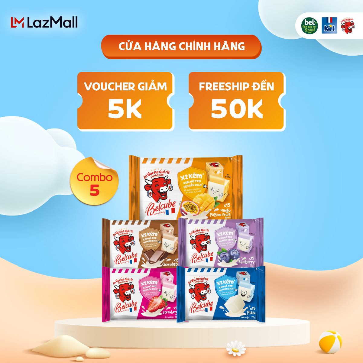 Combo 5 Phô mai vuông Belcube 15C gồm Sữa + Dâu + Việt Quất + Socola + Xoài chanh dây