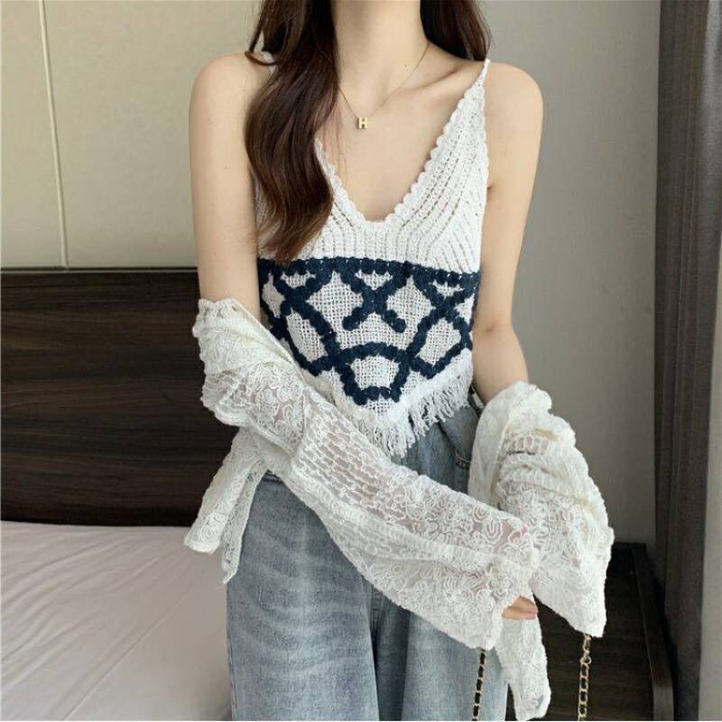💥Áo 2 dây 2s len móc tua rua đi biển thêu chữ X