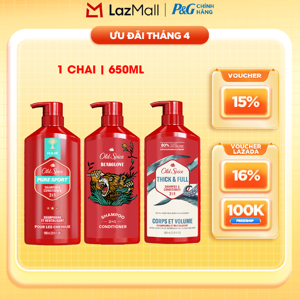 Dầu Gội Xả OLD SPICE Nhập Khẩu Mỹ 2IN1 Hương Nước Hoa Cho Nam Thick  Full/ Pure Sport/ Bearglove Chai 650ML