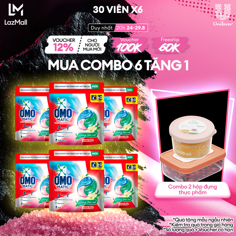 Combo 6 túi viên giặt tiện lợi OMO 3 trong 1 Hương tươi mát