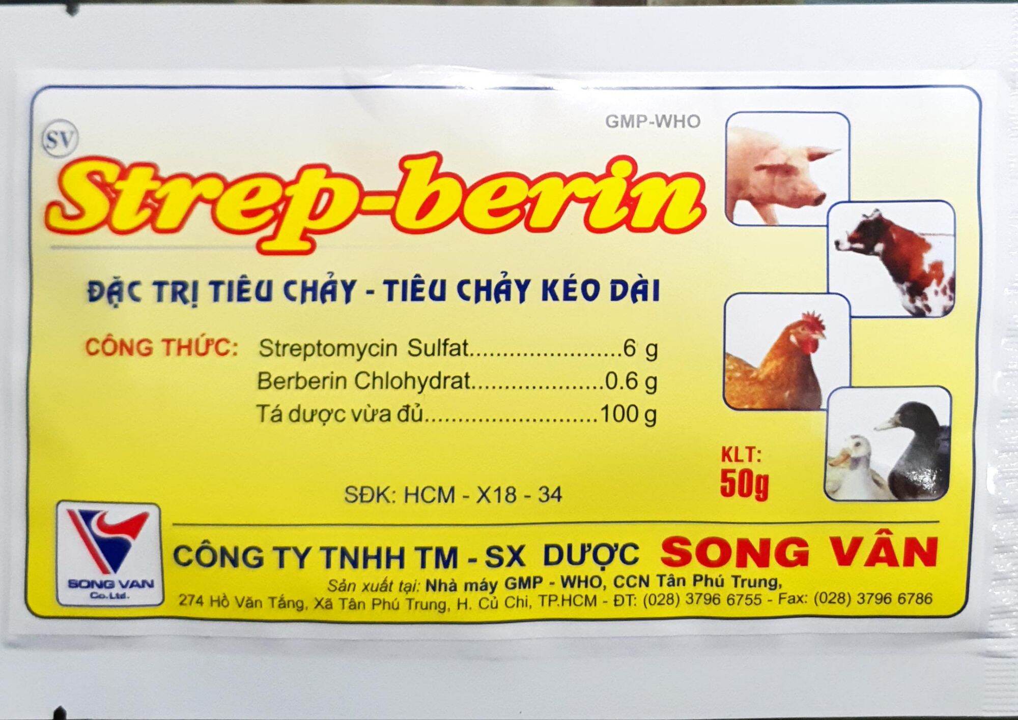Strep berin (50gr) - Đặc tr.i tiêu chảy, tiêu chảy kéo dài cho gà đá, heo, bò