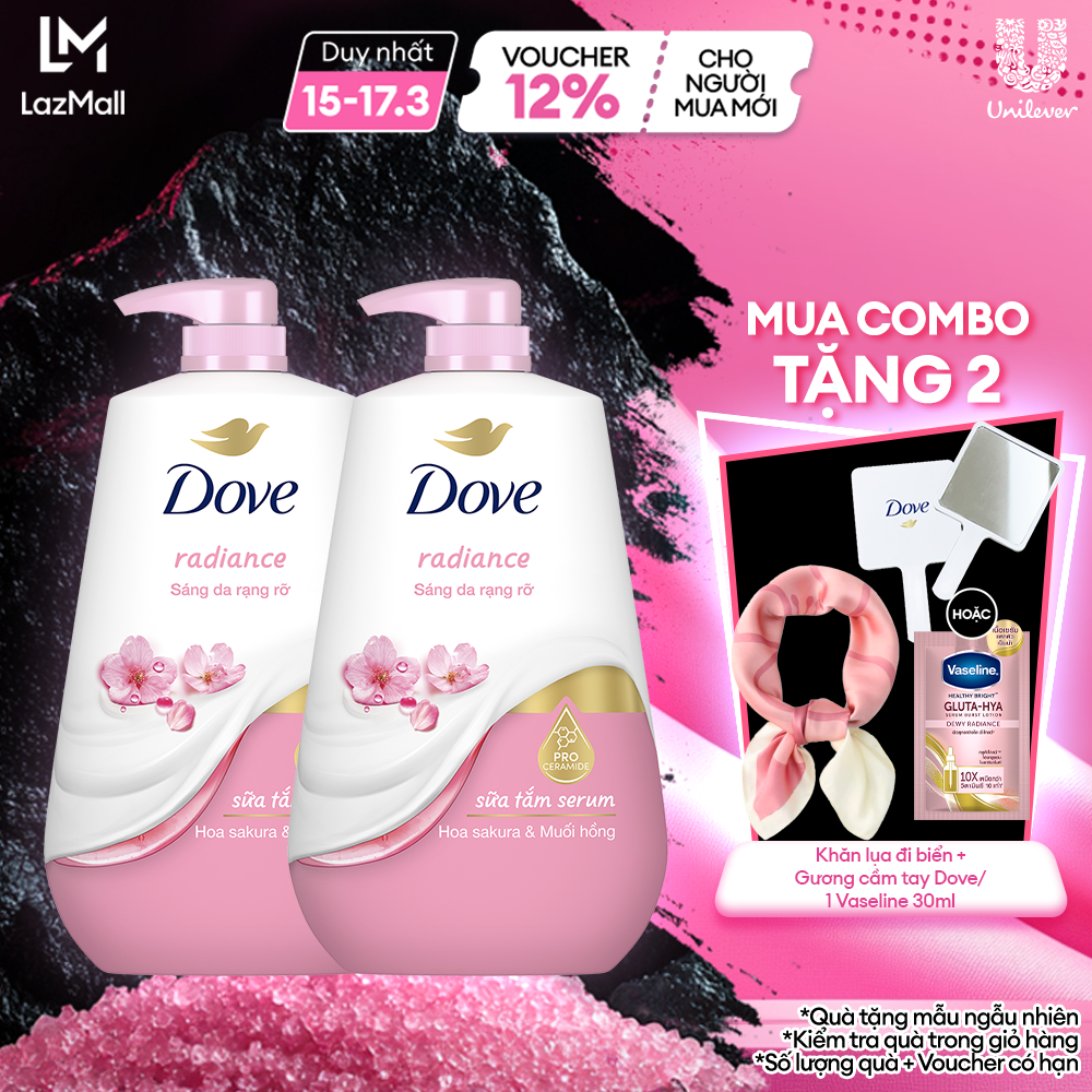 Combo 2 Sữa tắm dưỡng thể Dove chăm da mềm mịn tức thì với dưỡng chất lợi khuẩn da 900g/chai (bao bì