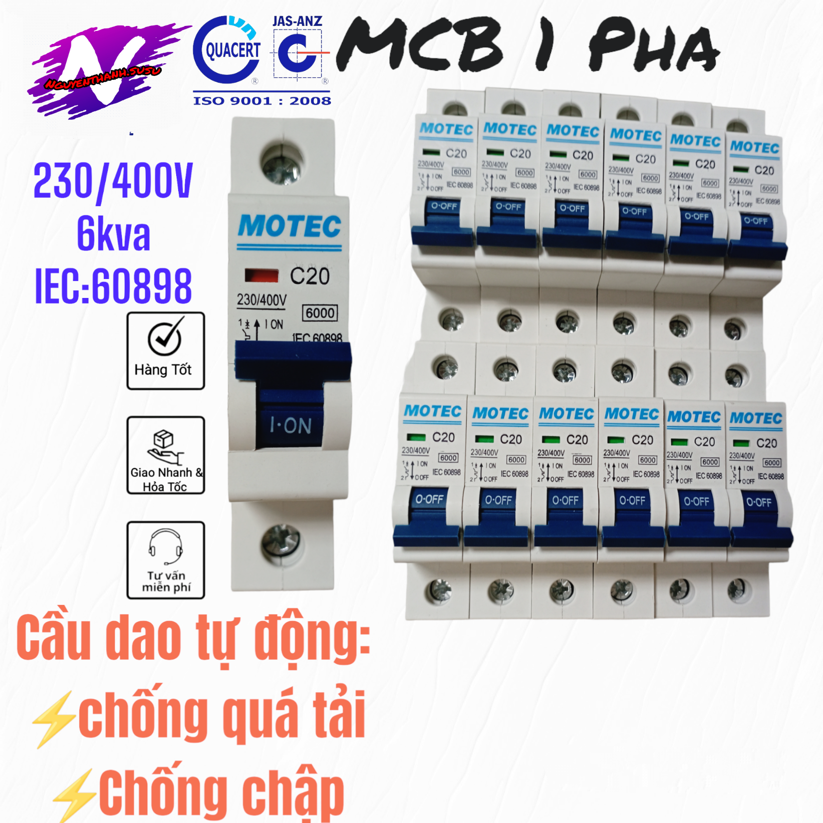 Mcb 1pha 06a,10a,16a,20a,32a,40a,50a,63a, mcb 1pha motec trắng ,aptomat cb 1 tép trắng )