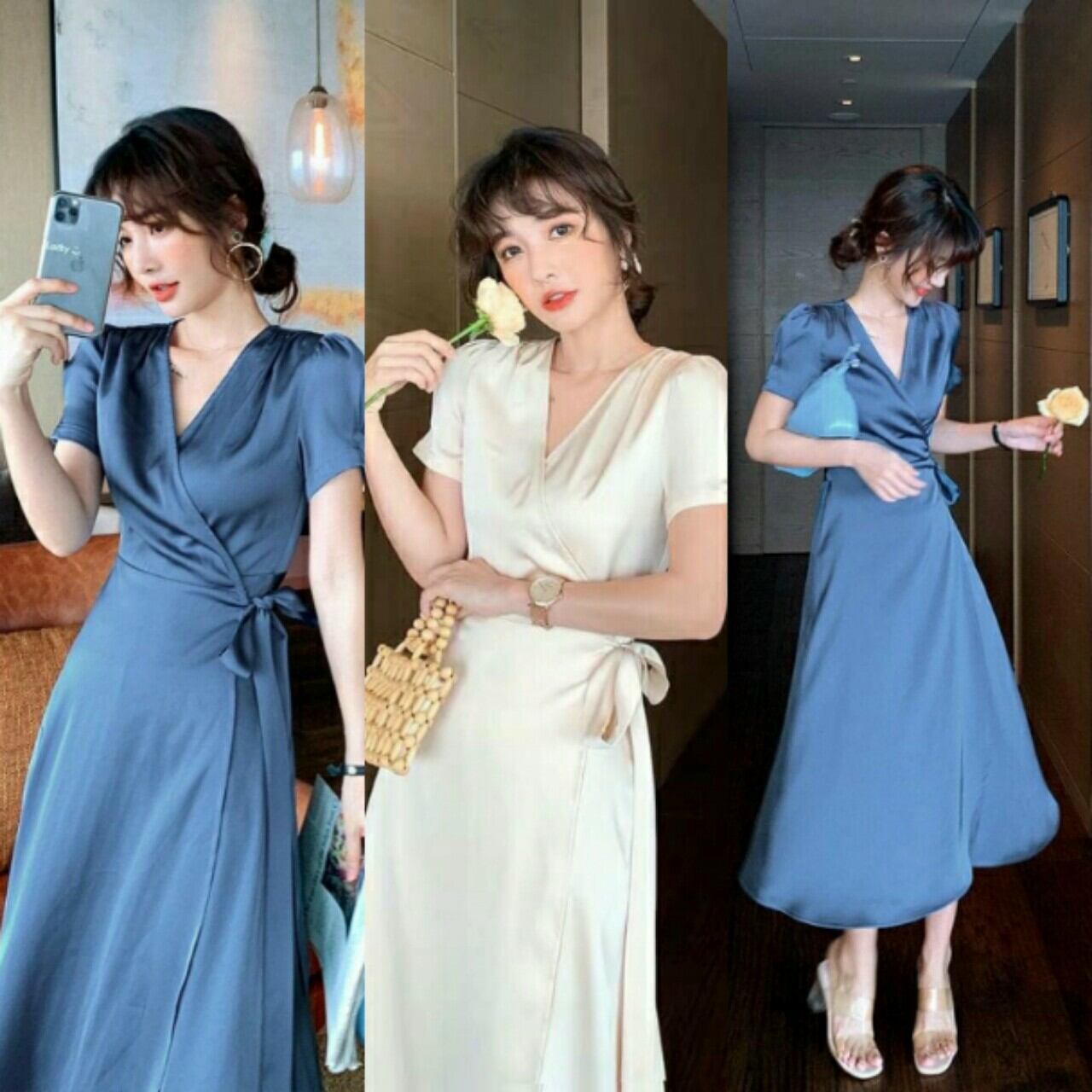 Đầm lụa satin cổ đắp chéo cột dây eo