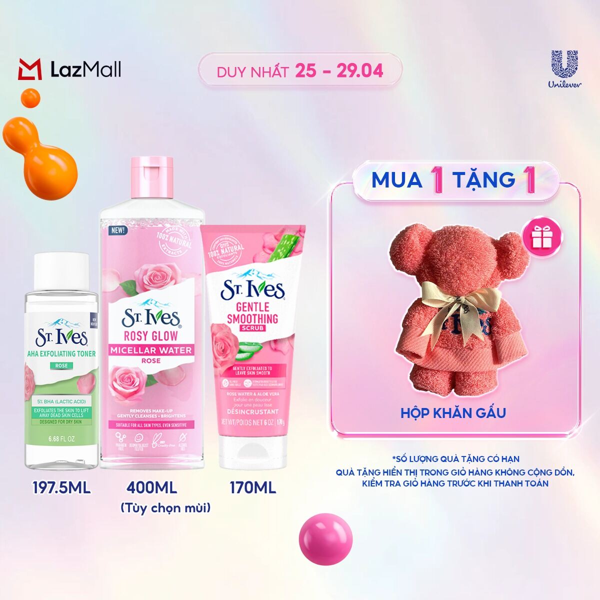 Combo chăm sóc da mặt St.ives gồm: Tẩy trang 400ml và Toner 197.5ml và Sữa rửa mặt tẩy tế bào chết 170g