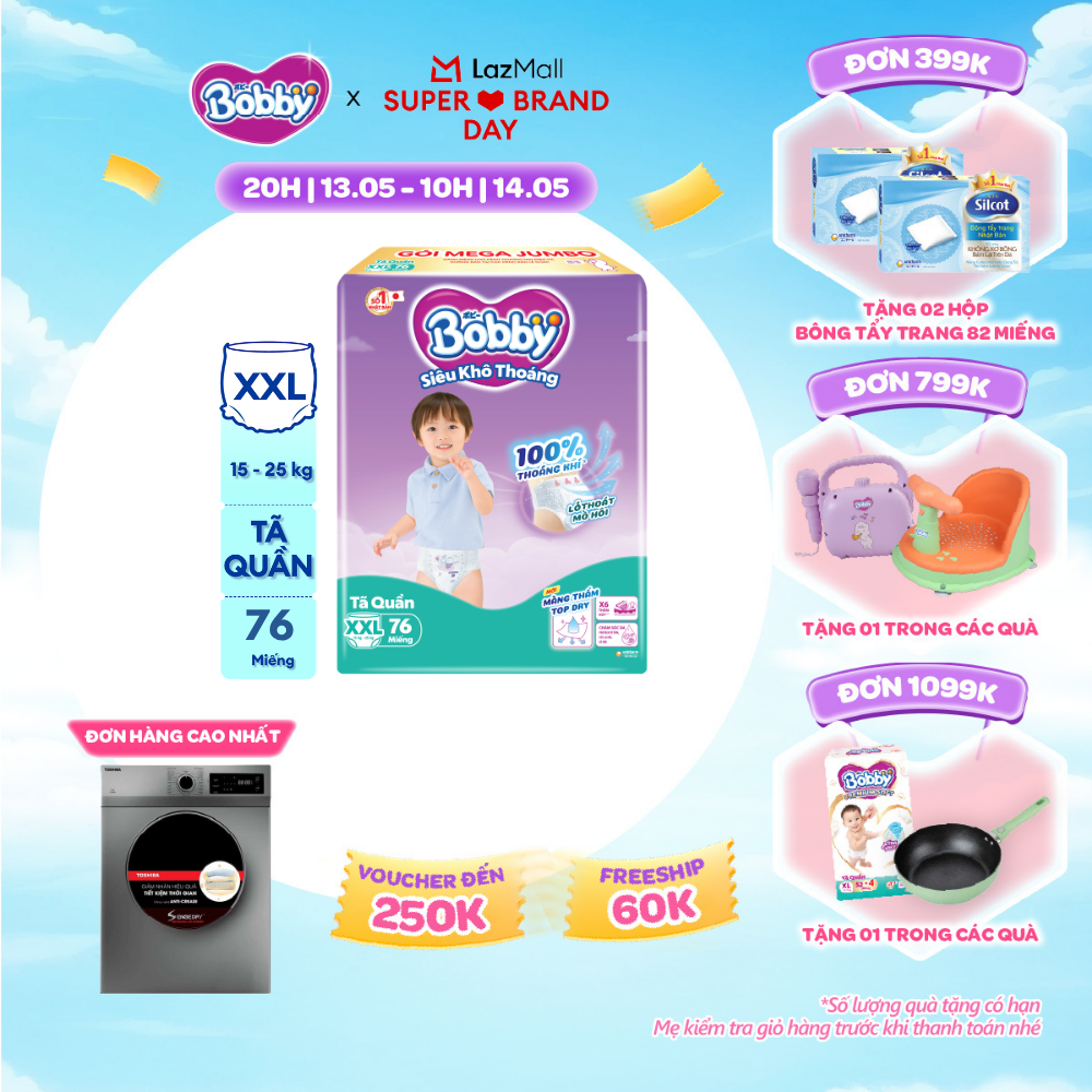 [CHỈ 20h 13.05 QT Đơn 899K/1199K]Tã/bỉm quần Bobby 3mm Mega Jumbo Gạo non Giảm nhiệt XXL76 [Bao bì thay đổi theo từng đợt nhập hàng]