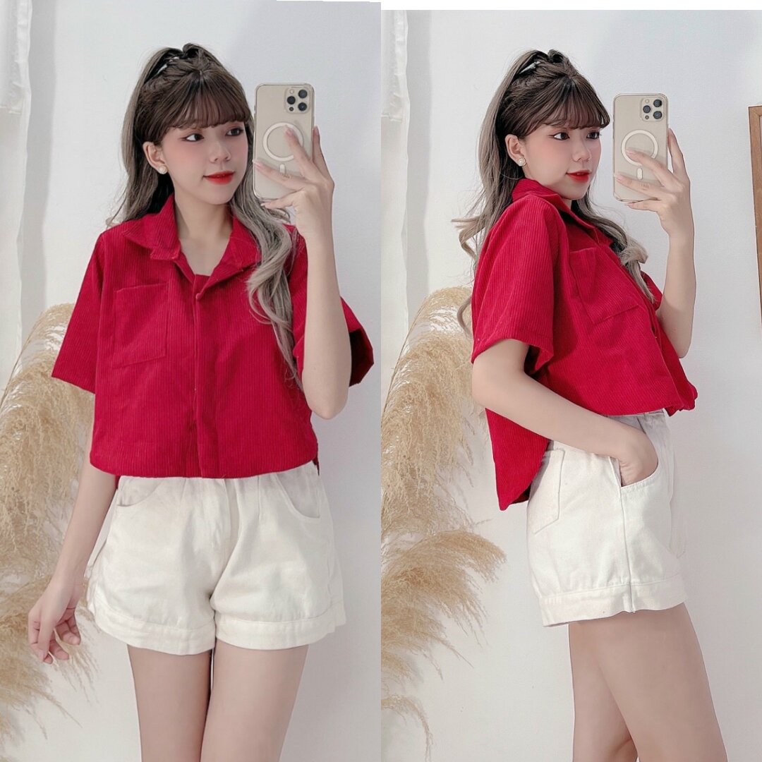Áo Sơmi Nhung Tăm Croptop